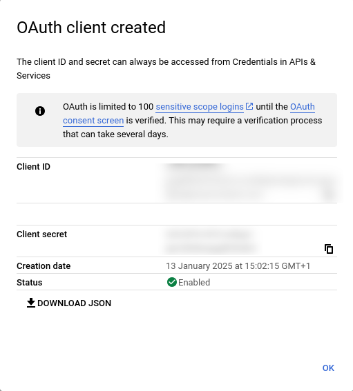 Screen showing app credentials.