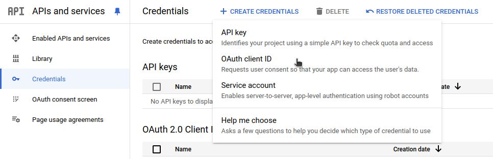 Menu showing selection of Create credentials > OAuth client ID.