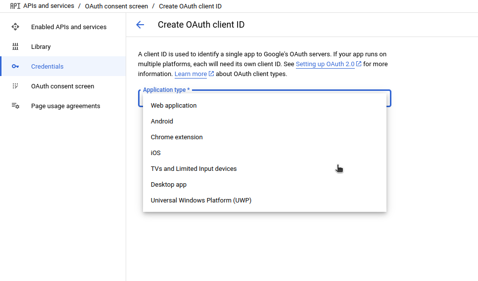 Menu showing app type.